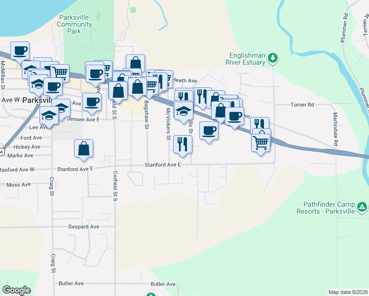 map of restaurants, bars, coffee shops, grocery stores, and more near 261 Mills Street in Parksville