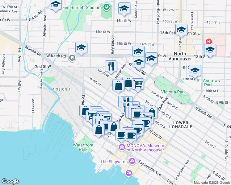 map of restaurants, bars, coffee shops, grocery stores, and more near 258 West 4th Street in North Vancouver