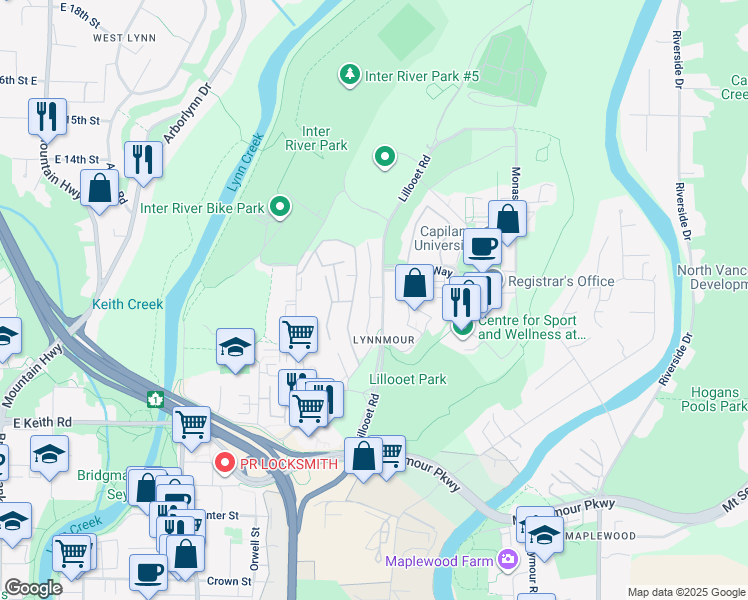 map of restaurants, bars, coffee shops, grocery stores, and more near 1131 Lillooet Road in North Vancouver