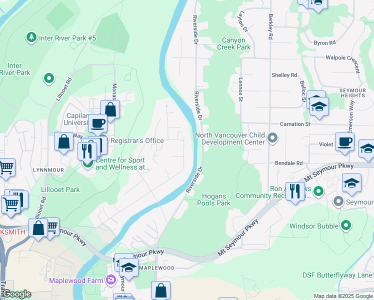 map of restaurants, bars, coffee shops, grocery stores, and more near 1044 Seymour Boulevard in North Vancouver