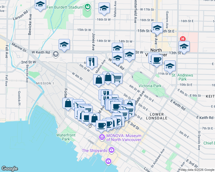 map of restaurants, bars, coffee shops, grocery stores, and more near 227 West 5th Avenue in Vancouver
