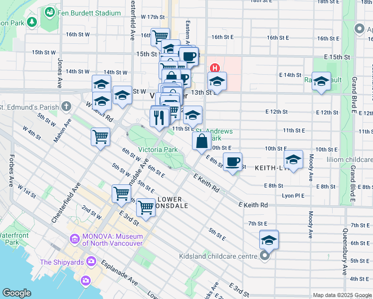 map of restaurants, bars, coffee shops, grocery stores, and more near 150 Keith Road East in North Vancouver