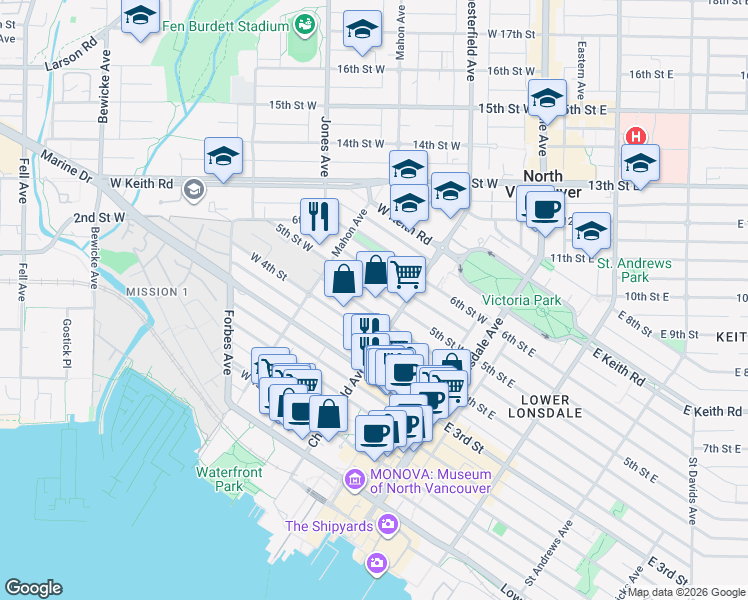 map of restaurants, bars, coffee shops, grocery stores, and more near 227 5th Street West in North Vancouver
