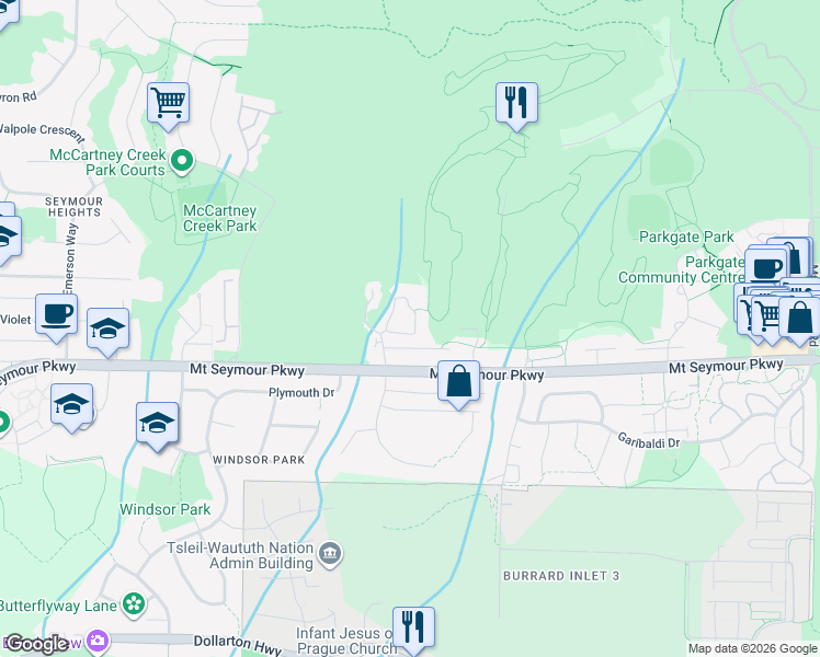 map of restaurants, bars, coffee shops, grocery stores, and more near 1120 Strathaven Drive in North Vancouver