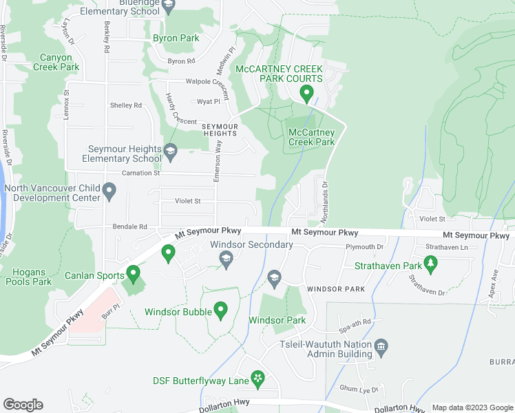 map of restaurants, bars, coffee shops, grocery stores, and more near 2857 Violet Street in North Vancouver