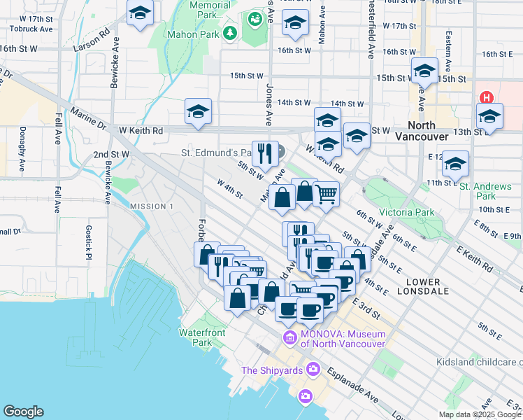 map of restaurants, bars, coffee shops, grocery stores, and more near 251 West 4th Street in North Vancouver