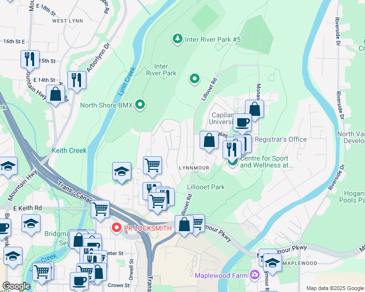 map of restaurants, bars, coffee shops, grocery stores, and more near 1019 Old Lillooet Road in North Vancouver