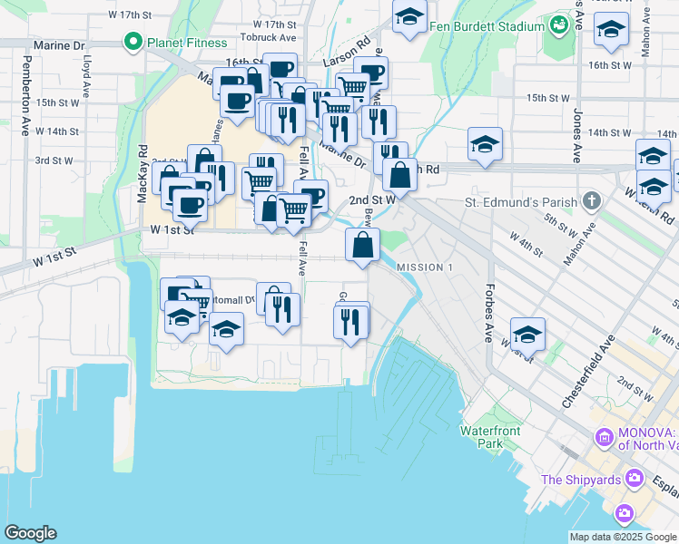 map of restaurants, bars, coffee shops, grocery stores, and more near 758 Copping Street in North Vancouver