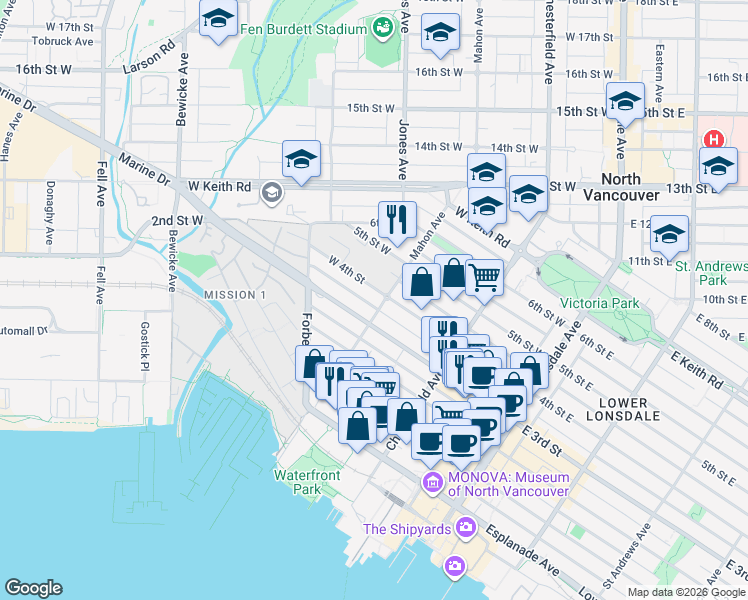 map of restaurants, bars, coffee shops, grocery stores, and more near 341 Mahon Avenue in North Vancouver