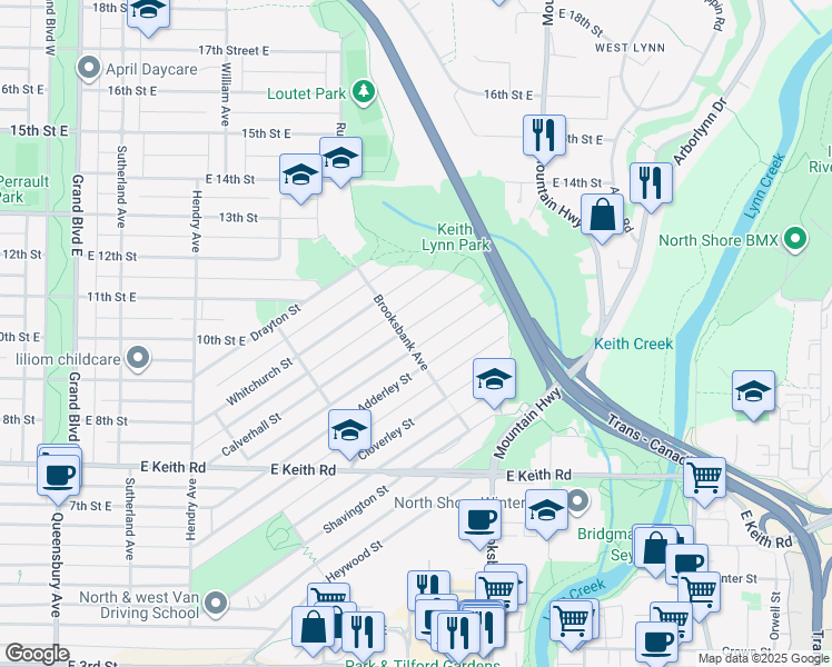 map of restaurants, bars, coffee shops, grocery stores, and more near 1015 Calverhall Street in North Vancouver