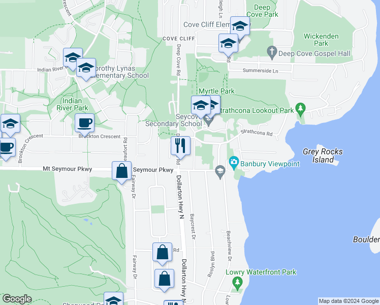 map of restaurants, bars, coffee shops, grocery stores, and more near 1127 Caledonia Avenue in North Vancouver