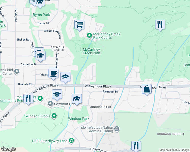 map of restaurants, bars, coffee shops, grocery stores, and more near 1001 Northlands Drive in North Vancouver
