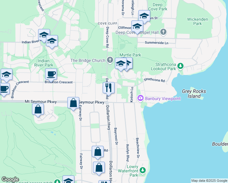 map of restaurants, bars, coffee shops, grocery stores, and more near 1127 Caledonia Avenue in North Vancouver