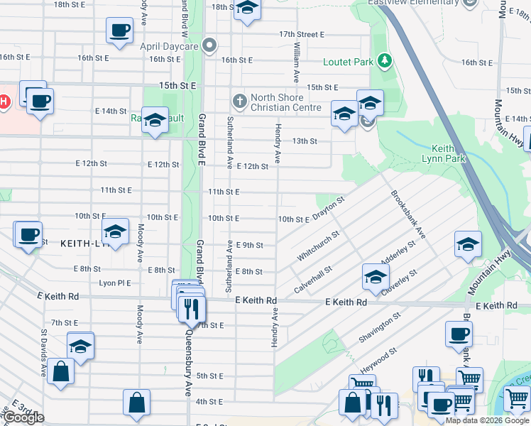 map of restaurants, bars, coffee shops, grocery stores, and more near 780 10th Street East in North Vancouver