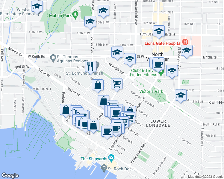 map of restaurants, bars, coffee shops, grocery stores, and more near 210 5th Street West in North Vancouver