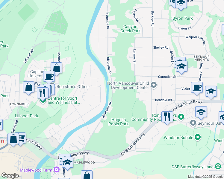 map of restaurants, bars, coffee shops, grocery stores, and more near Riverside Drive in Metro Vancouver