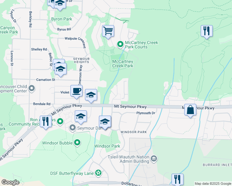 map of restaurants, bars, coffee shops, grocery stores, and more near 2916 Mount Seymour Parkway in North Vancouver