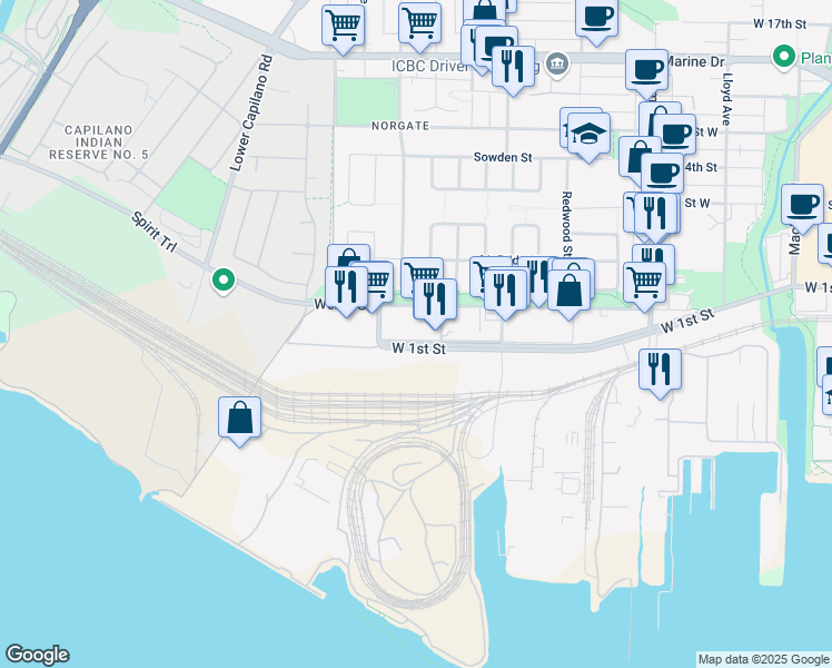 map of restaurants, bars, coffee shops, grocery stores, and more near 101 Bowser Avenue in North Vancouver