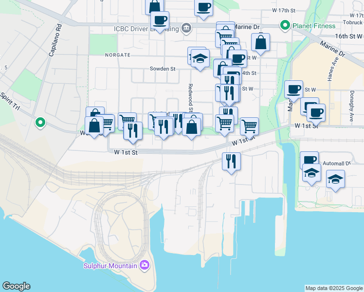 map of restaurants, bars, coffee shops, grocery stores, and more near 135-1305 Welch Street in North Vancouver