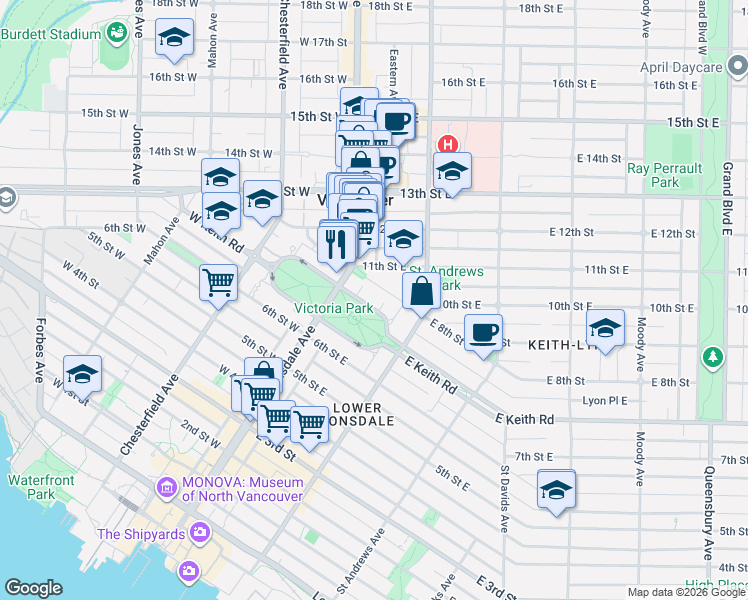 map of restaurants, bars, coffee shops, grocery stores, and more near 140 Keith Road East in North Vancouver