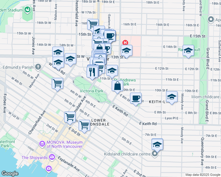 map of restaurants, bars, coffee shops, grocery stores, and more near in Vancouver