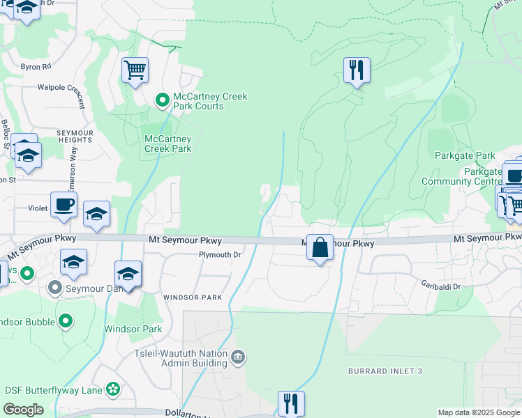 map of restaurants, bars, coffee shops, grocery stores, and more near 1174 Strathaven Drive in North Vancouver