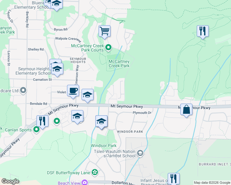 map of restaurants, bars, coffee shops, grocery stores, and more near 2952 Mount Seymour Parkway in North Vancouver