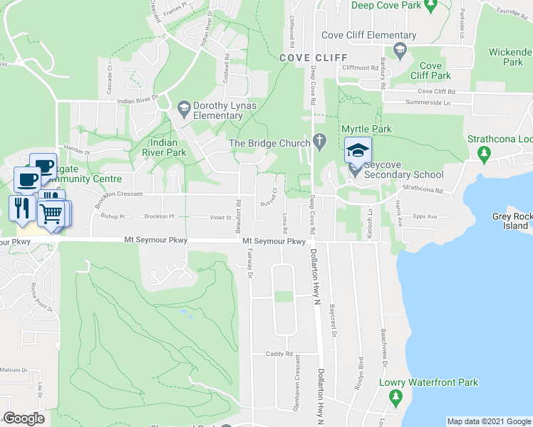 map of restaurants, bars, coffee shops, grocery stores, and more near 4150 Best Court in North Vancouver