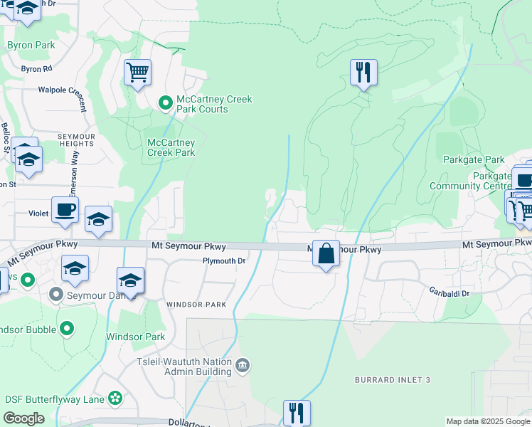 map of restaurants, bars, coffee shops, grocery stores, and more near 1196 Strathaven Drive in North Vancouver