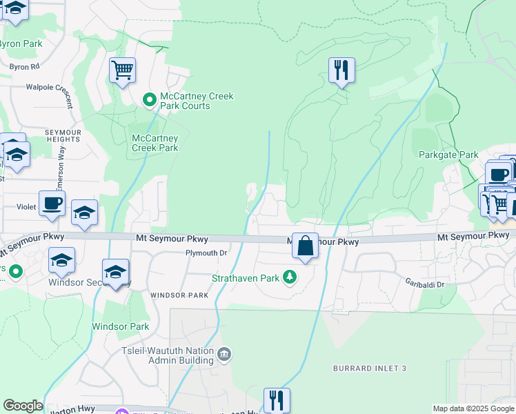 map of restaurants, bars, coffee shops, grocery stores, and more near 1166 Strathaven Drive in North Vancouver