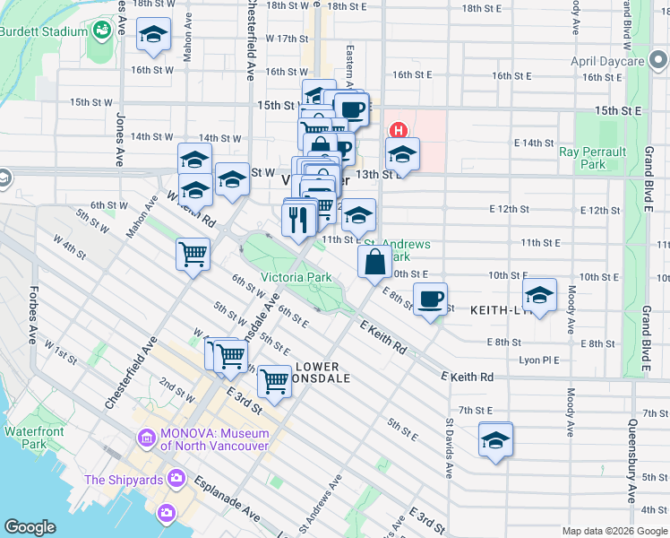 map of restaurants, bars, coffee shops, grocery stores, and more near in North Vancouver
