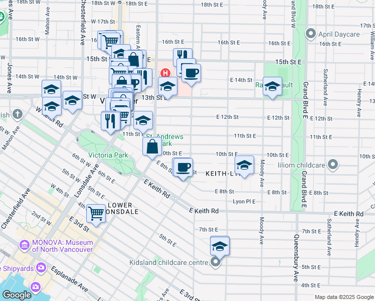 map of restaurants, bars, coffee shops, grocery stores, and more near 268 10th Street East in North Vancouver
