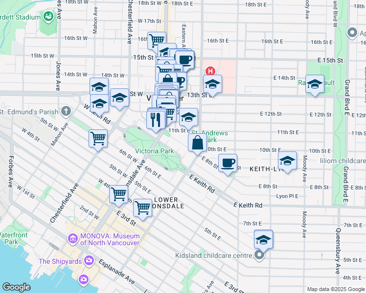 map of restaurants, bars, coffee shops, grocery stores, and more near 128 East 8th Street in North Vancouver