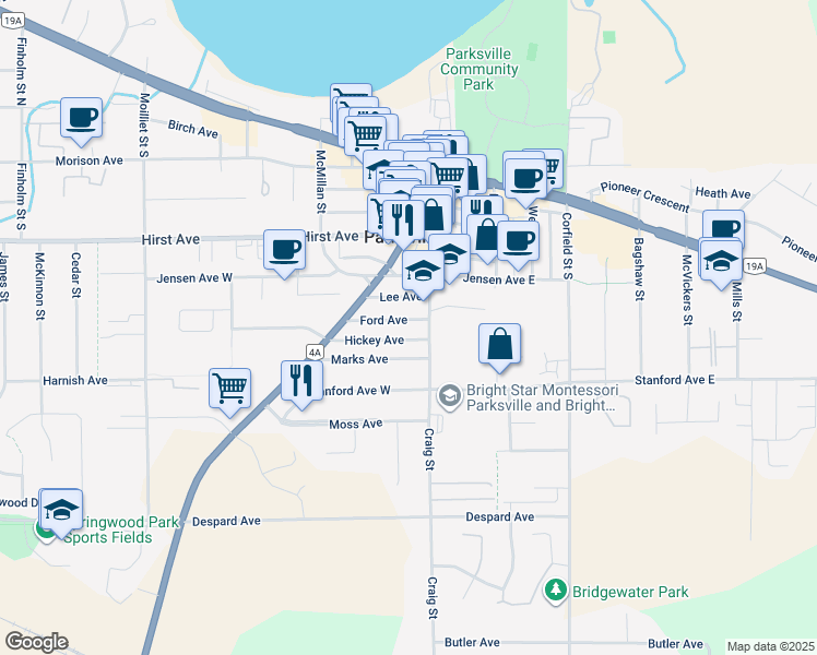 map of restaurants, bars, coffee shops, grocery stores, and more near 120 Ford Avenue in Parksville