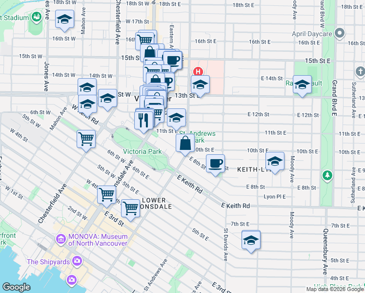 map of restaurants, bars, coffee shops, grocery stores, and more near 164 East 10th Avenue in Vancouver
