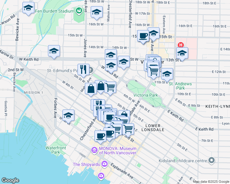 map of restaurants, bars, coffee shops, grocery stores, and more near 203 6th Street West in North Vancouver