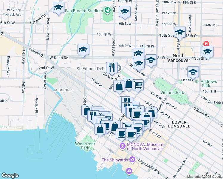 map of restaurants, bars, coffee shops, grocery stores, and more near 410 Mahon Avenue in North Vancouver