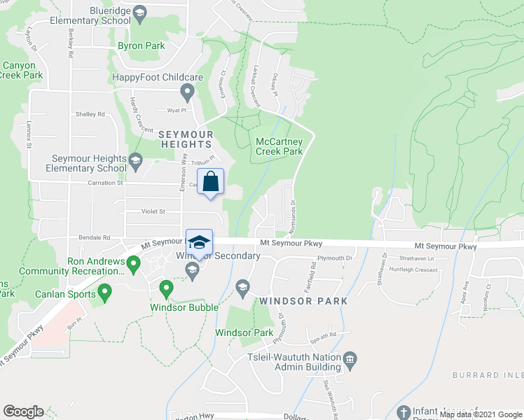 map of restaurants, bars, coffee shops, grocery stores, and more near 2912 Mount Seymour Parkway in North Vancouver