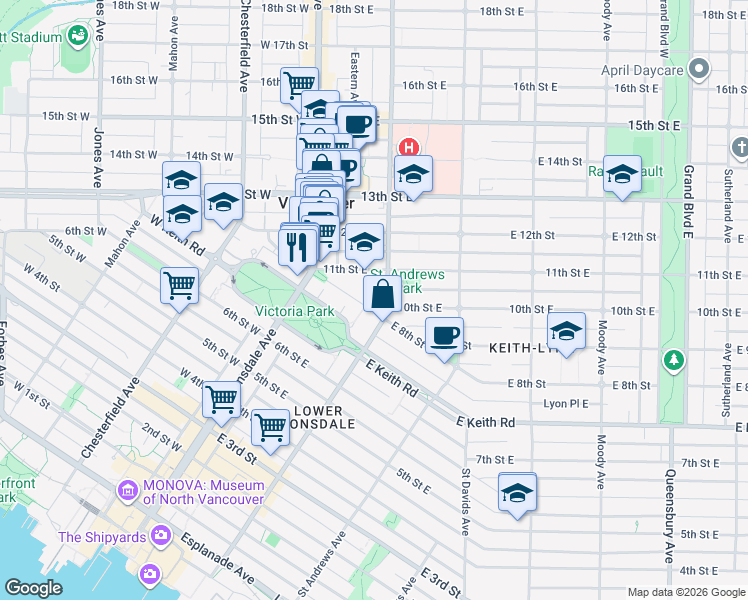 map of restaurants, bars, coffee shops, grocery stores, and more near 160 East 10th Avenue in Vancouver