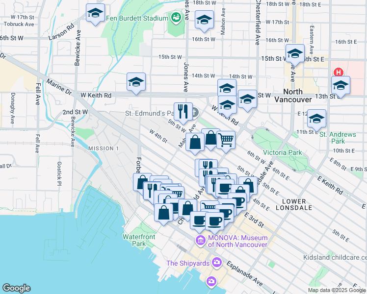 map of restaurants, bars, coffee shops, grocery stores, and more near 2410 Mahon Avenue in North Vancouver
