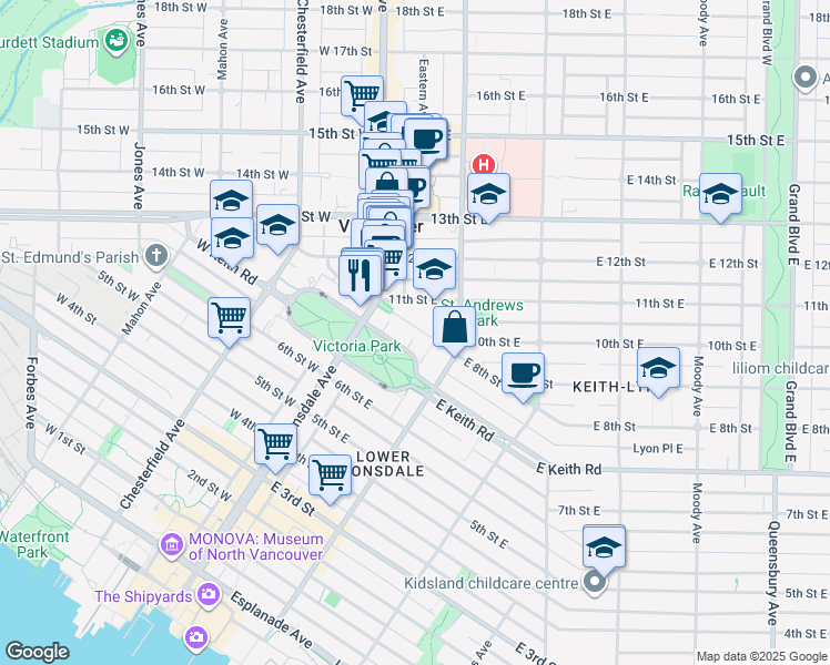map of restaurants, bars, coffee shops, grocery stores, and more near 108 East 8th Street in North Vancouver