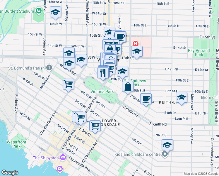 map of restaurants, bars, coffee shops, grocery stores, and more near in North Vancouver