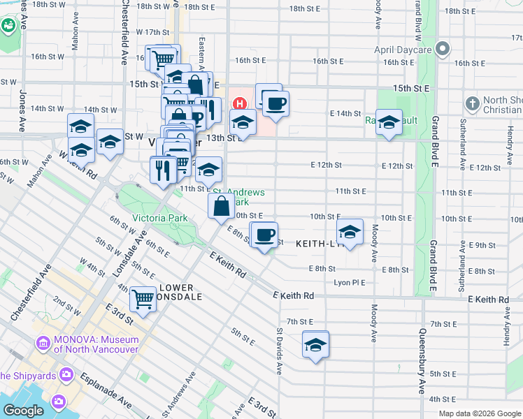 map of restaurants, bars, coffee shops, grocery stores, and more near 250 10th Street East in North Vancouver