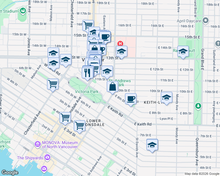 map of restaurants, bars, coffee shops, grocery stores, and more near 160 10th Street East in North Vancouver