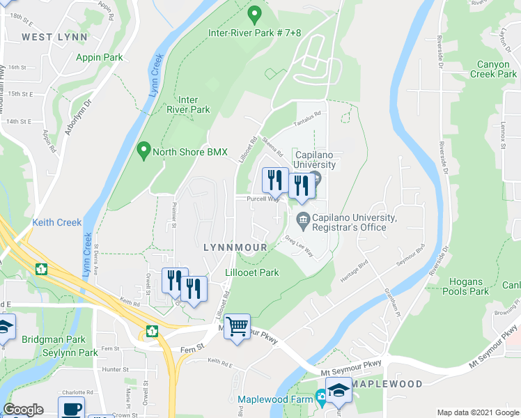 map of restaurants, bars, coffee shops, grocery stores, and more near 1825 Purcell Way in North Vancouver