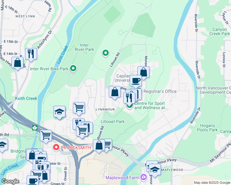 map of restaurants, bars, coffee shops, grocery stores, and more near 1825 Purcell Way in North Vancouver