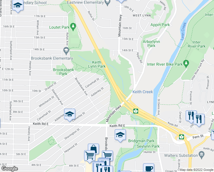 map of restaurants, bars, coffee shops, grocery stores, and more near 1291 Adderley Street in North Vancouver