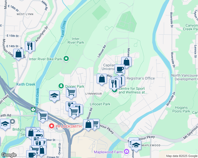 map of restaurants, bars, coffee shops, grocery stores, and more near 1811 Purcell Way in North Vancouver