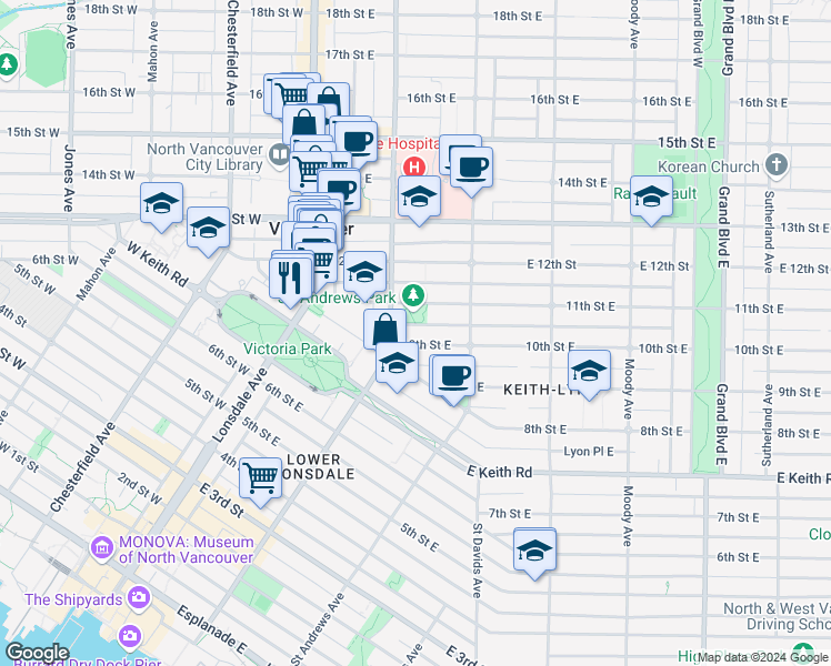 map of restaurants, bars, coffee shops, grocery stores, and more near 222 10th Street East in North Vancouver