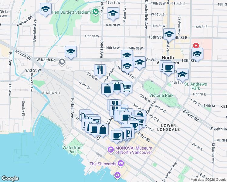 map of restaurants, bars, coffee shops, grocery stores, and more near in North Vancouver